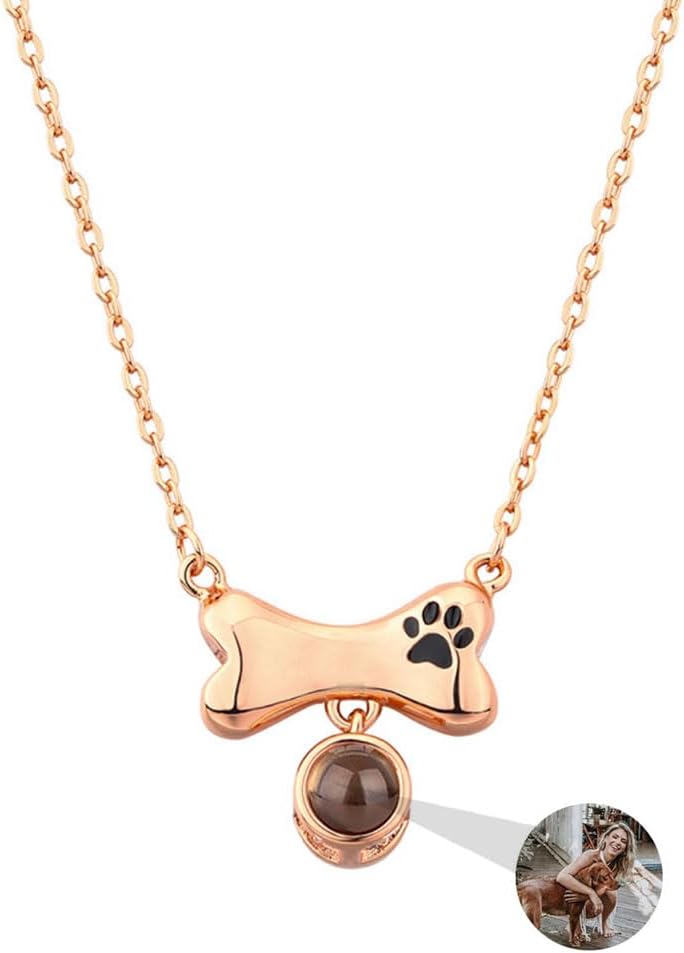 Personalized Photo Necklace Custom Photo Projection Necklaces Dog Bone with Paw Print Pendant Necklace with Picture Inside Pet Dog Cat Memorial Necklace for Pet Lover Women Men