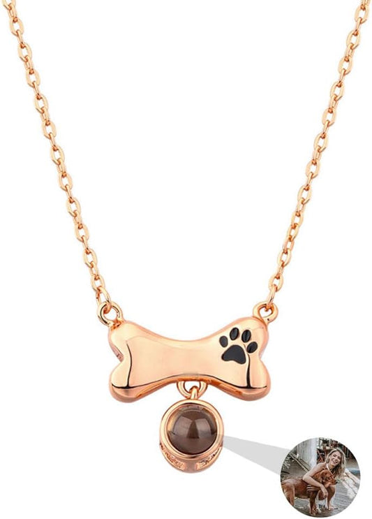 Personalized Photo Necklace Custom Photo Projection Necklaces Dog Bone with Paw Print Pendant Necklace with Picture Inside Pet Dog Cat Memorial Necklace for Pet Lover Women Men