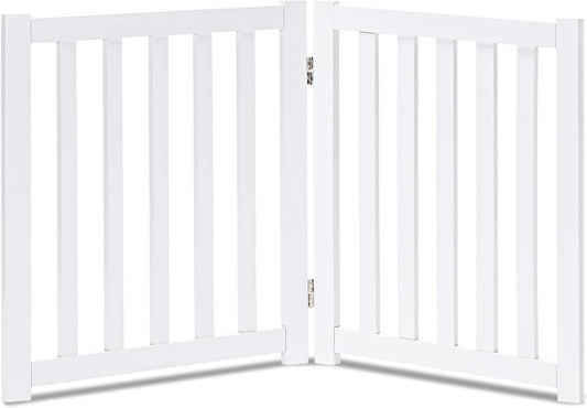 LZRS 2-Panel Wooden Free Standing Foldable Dog Gate Indoor – Solid Hardwood 24" High, Step-Over Safety Pet Gate for Doorways, Stairs & Small Spaces - Indoor Use, White
