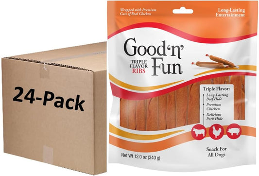 Good ‘n’ Fun Triple Flavor Ribs Chews for All Dogs, Treat Your Dog to Long-Lasting Chews Made with Beef Hide, Chicken and Pork Hide, 12 Ounces
