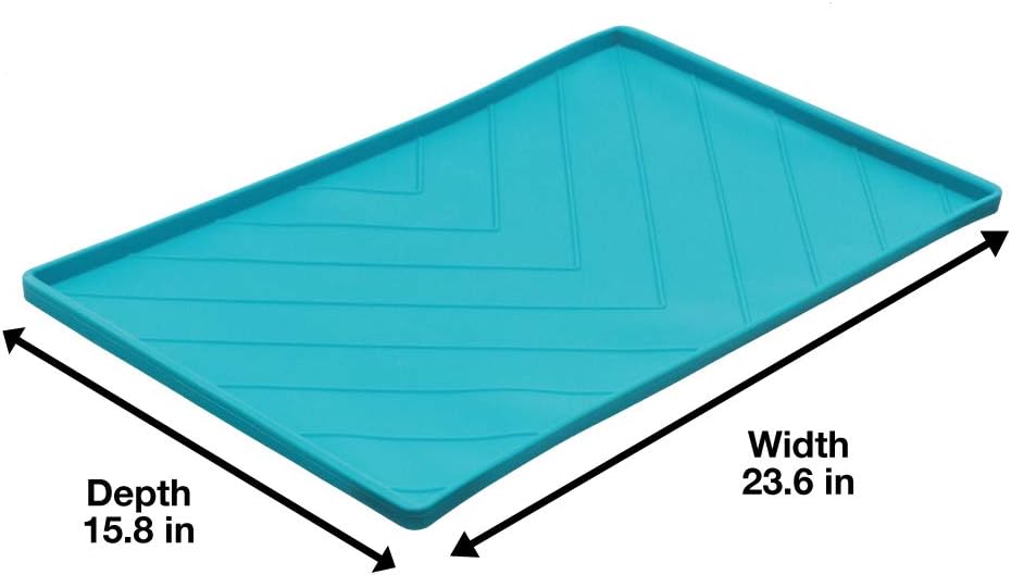 Messy Mutts Silicone Non-Slip Dog Bowl Mat with Raised Edge and Two Sides Reinforced with Metal Rods | Dog/Cat Bowl Mat with Spill-Proof Lip | Large, 24” x 16” | Blue