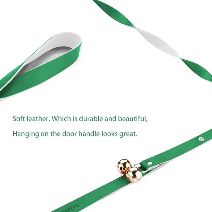 Leather Dog Doorbells for Door Knob/Potty Training/Go Outside, Length Adjustment Copper Dog Bell, Housetraining Hanging Bell, Green Leather Golden Bells.