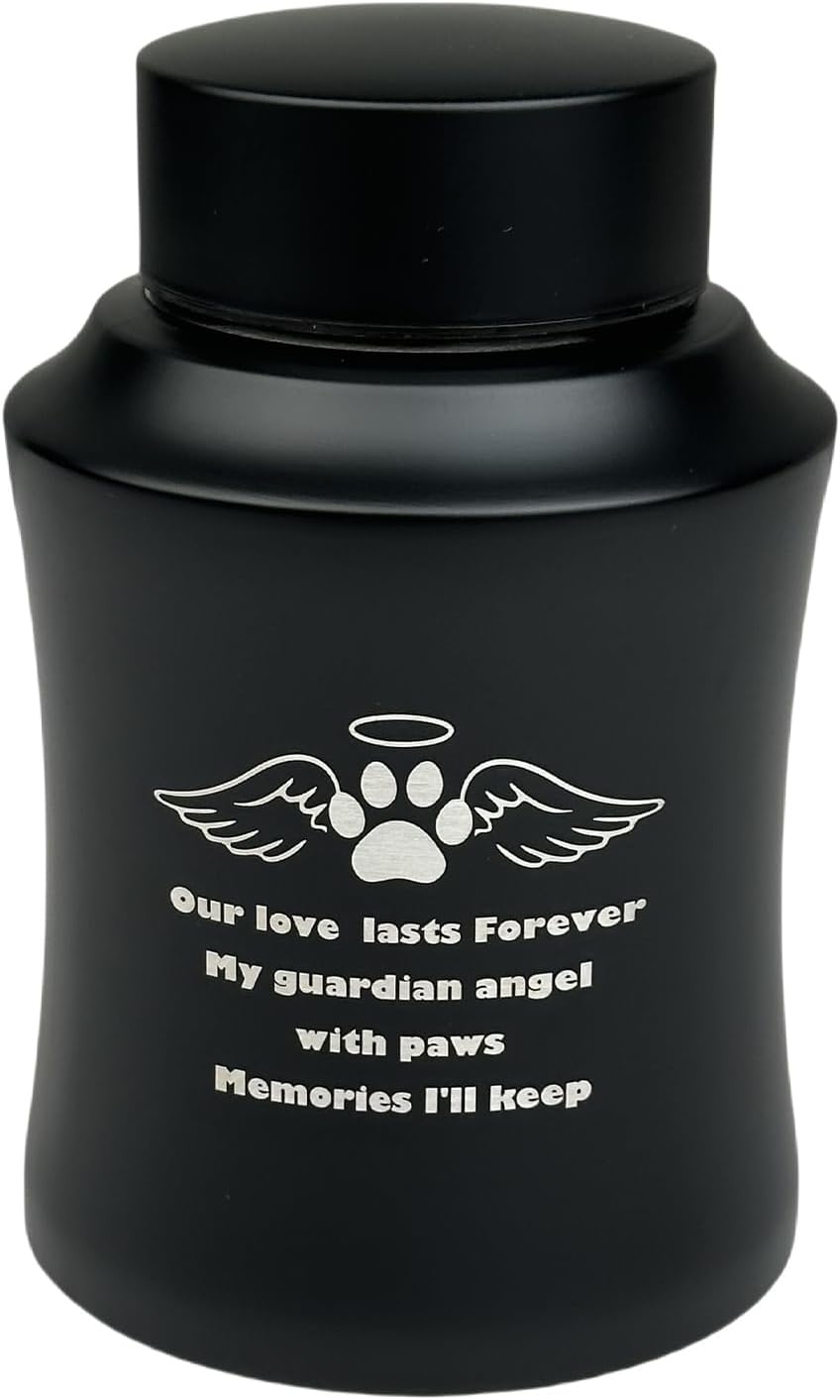 Black Stainless Steel Pet Urn for Ashes – Medium Cremation Urn for Dogs and Cats, Holds Up to 80 lbs, Engraved Paw Print with Angel Wings, Pet Memorial Keepsake