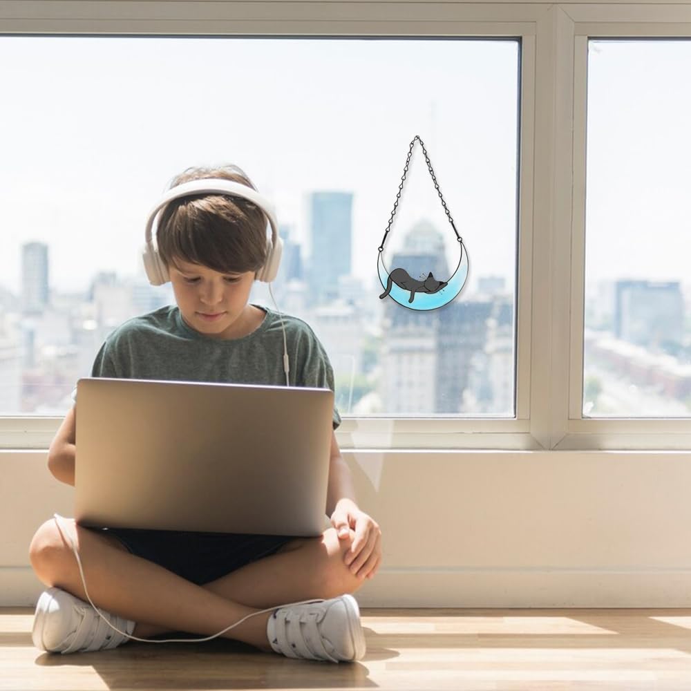 callie Cat Memorial Gifts for Loss of Cats, Pet Memorial Suncatcher Decor for Windows Hanging, Sympathy Bereavement Gift for Cat Lovers (Blue)