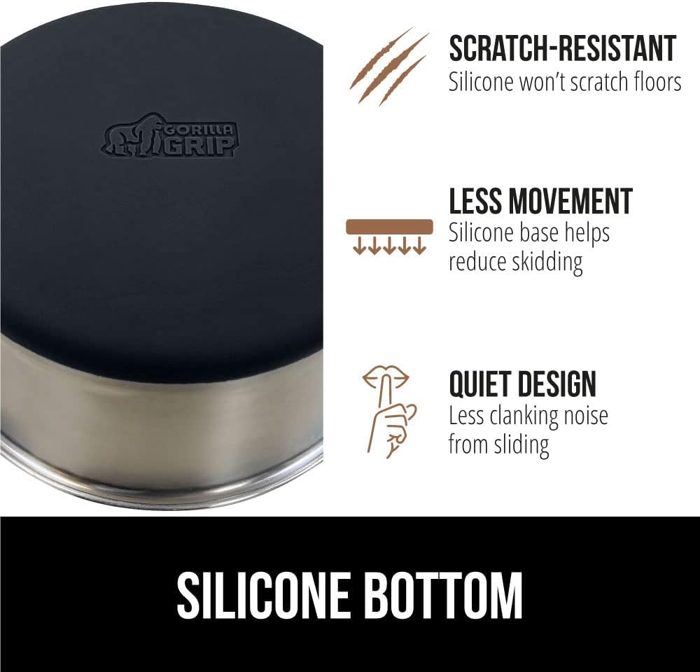 GORILLA GRIP Stainless Steel Metal Dog Bowl, Rubber Base, Heavy Duty Feeding Dish, Food Grade BPA Free, Less Sliding on Floors, Quiet Pet Bowl for Cats and Dogs, Holds 2 Cups (16 fl oz), Black