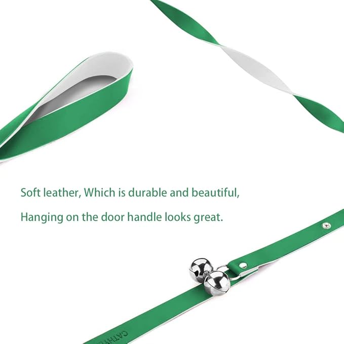 Leather Dog Doorbells for Door Knob/Potty Training/Go Outside, Length Adjustment Copper Dog Bell, Housetraining Hanging Bell, Green Leather Silver Bells.