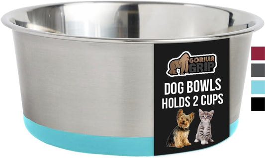 GORILLA GRIP Stainless Steel Metal Dog Bowl, Rubber Base, Heavy Duty Feeding Dish, Food Grade BPA Free, Less Sliding on Floors, Quiet Pet Bowl for Cats and Dogs, Holds 2 Cups (16 fl oz), Turquoise