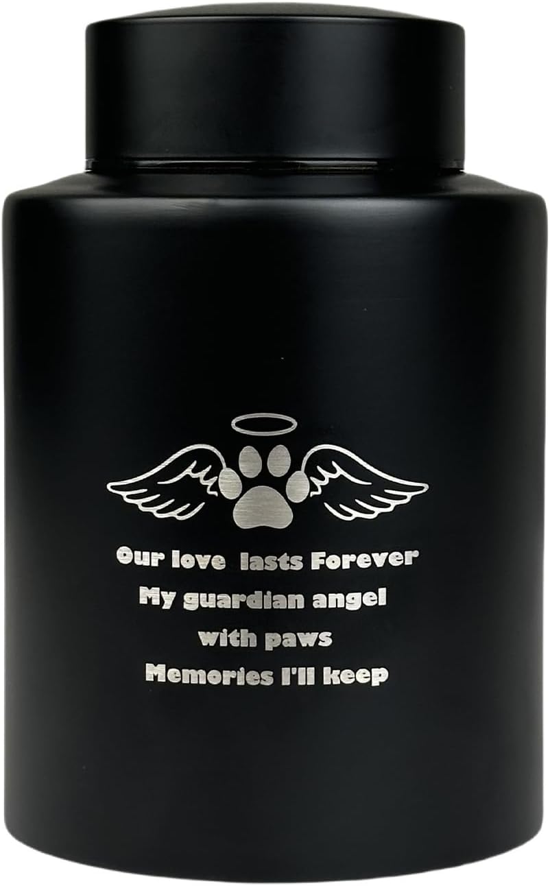 Pet Urn for Dogs or Cats Medium Size Black Metal Cremation Urn for Ashes, 3.85"x5.9" Elegant Memorial Keepsake for Pets up to 80 lbs Secure Screw-Top Lid – Personalized Tribute Design