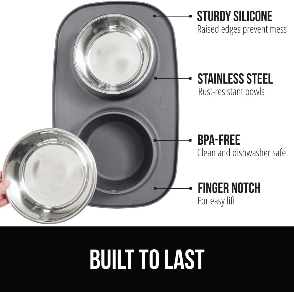 GORILLA GRIP Feeding Mat Set, Patent Pending 100% Waterproof BPA Free Silicone, Stainless Steel Cat and Dog Bowls, Slip Resistant, High Edges Catch Water Food, US Designed Pet Accessories, 2 Cup Gray