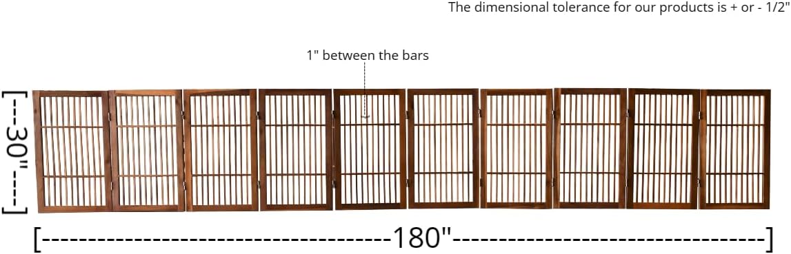 Pet Dog Gate Strong and Durable Freestanding Folding Acacia Hardwood Portable Wooden Fence Indoors or Outdoors by Urnporium (Brown Pet Gate, 10 Panel 30" Tall)