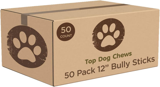 Top Dog Chews - 12 Inch Bully Sticks 50 Pack- Long Lasting, Free Range, All Natural Dog Treat, Single Ingredient, Rawhide Free, Great for Aggressive Chewers, Bulk Dog Treats.