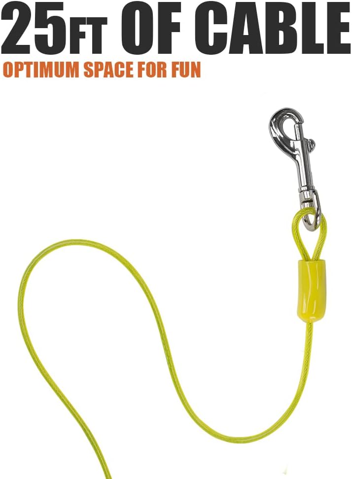 BV Dog Tie Out Cable 25 Feet - Heavy Duty Dog Lead Up to 35 Pounds - Reflective & Rust-Free with Quick Release Swivel Clips & 360° Rotating Clasp - Tangle-Free Dogs Runner for Yard (Yellow, Single)