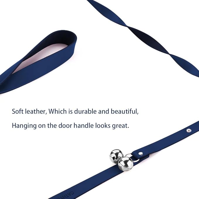 Leather Dog Doorbells for Door Knob/Potty Training/Go Outside, Length Adjustment Copper Dog Bell, Housetraining Hanging Bell, Blue Leather Silver Bells - 2 Pack