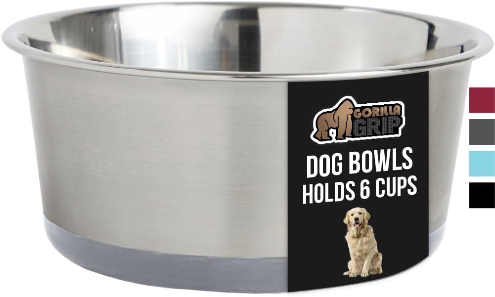 GORILLA GRIP Stainless Steel Metal Dog Bowl, Rubber Base, Heavy Duty Feeding Dish, Food Grade BPA Free, Less Sliding on Floors, Quiet Pet Bowl for Cats and Dogs, Holds 6 Cups (48 fl oz), Gray