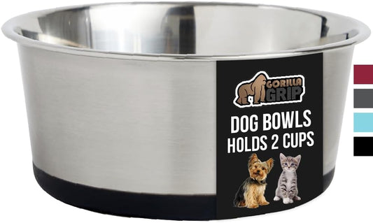 GORILLA GRIP Stainless Steel Metal Dog Bowl, Rubber Base, Heavy Duty Feeding Dish, Food Grade BPA Free, Less Sliding on Floors, Quiet Pet Bowl for Cats and Dogs, Holds 2 Cups (16 fl oz), Black