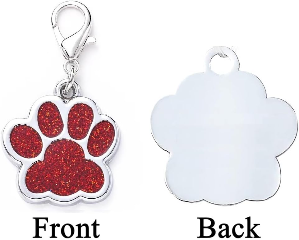 Cute Personalized Pet Name Tags for Cats/Dogs - Glitter Custom pet id tag, Dog id Tags Engraved for Pets, Customizable cat tag, pet Collar Charms, Dog Name tag (Paw-Shaped-Small: Red)