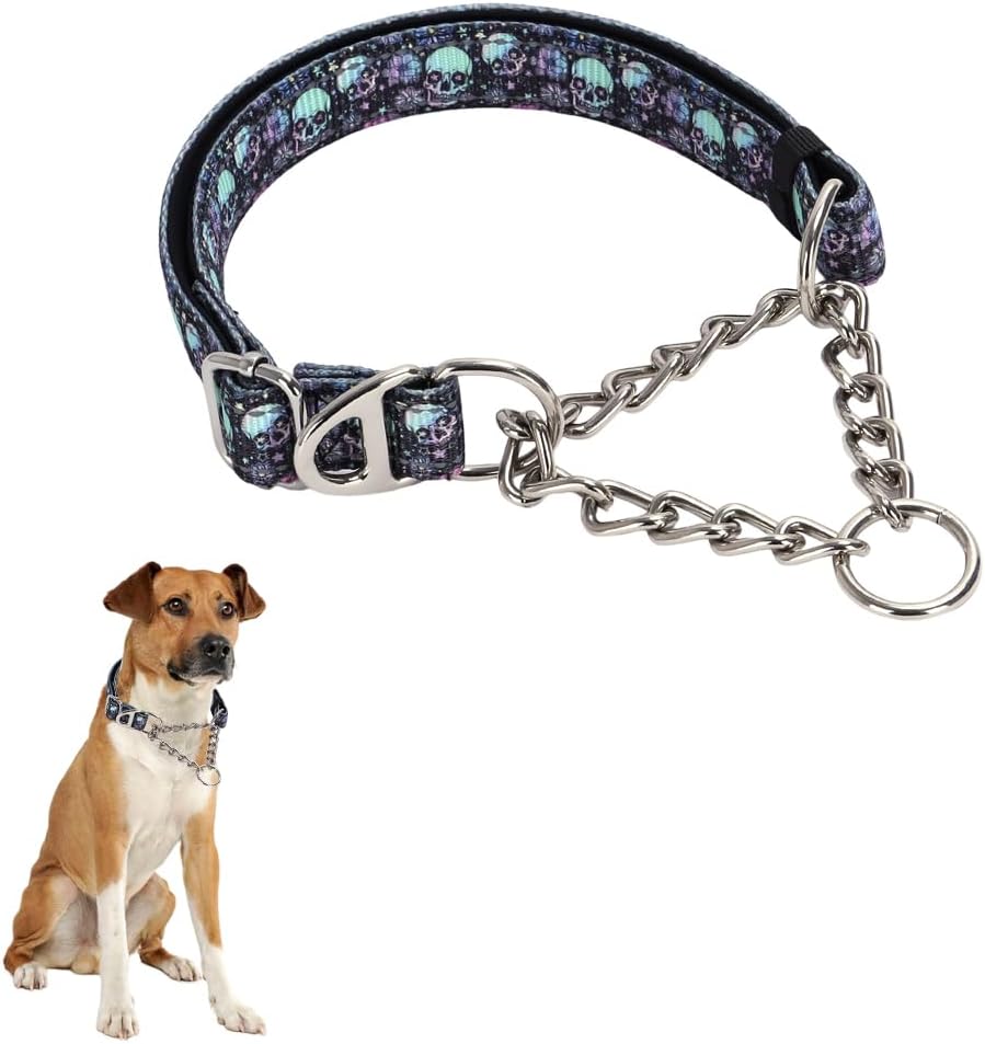 Choke Collar for Dogs，Stainless Steel Chain Collar Martingale, No Pull Slip Cinch Training Escape Proof Heavy Duty Dog Collar for Small Medium Large Pet Boy Male Dogs，Skull L