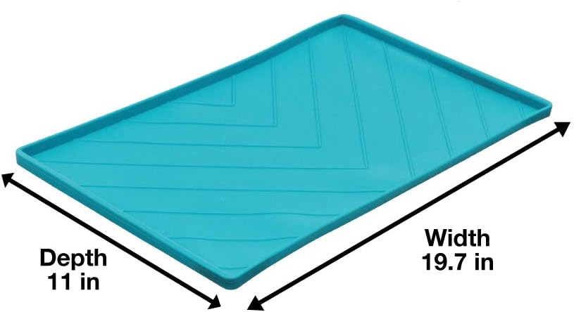 Messy Mutts Silicone Non-Slip Dog Bowl Mat with Raised Edge and Two Sides Reinforced with Metal Rods | Dog/Cat Bowl Mat with Spill-Proof Lip | Medium, 20” x 12” | Blue