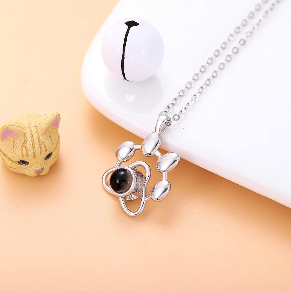 Custom Dog Paw Print Photo Projection Necklace 925 Sterling Silver Personalized Dog Photo Necklace Pet Picture Pendant Memorial Jewelry Loss of Pet Gifts for Women Someone Who Lost Dog