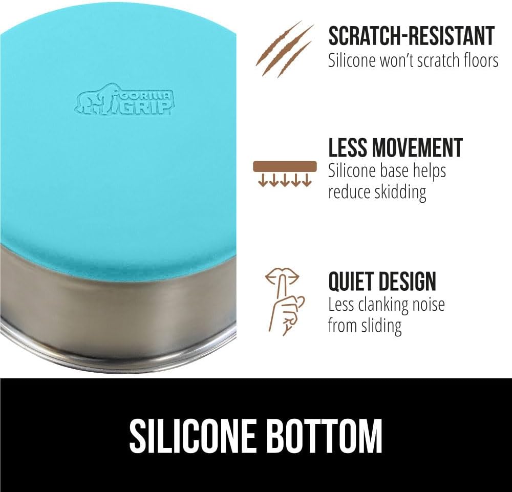 GORILLA GRIP Stainless Steel Metal Dog Bowl, Rubber Base, Heavy Duty Feeding Dish, Food Grade BPA Free, Less Sliding on Floors, Quiet Pet Bowl for Cats and Dogs, Holds 8 Cups (64 fl oz), Turquoise