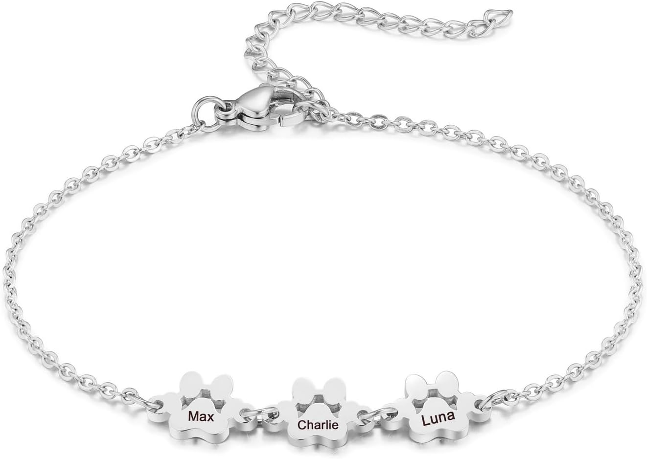 MeMeDIY Personalized Paw Print Bracelet for Women Engraved 1-5 Names Dog Cat Pet Paw Bracelet Adjustable Chain Dog Jewelry Memorial Gifts for Pet Lovers