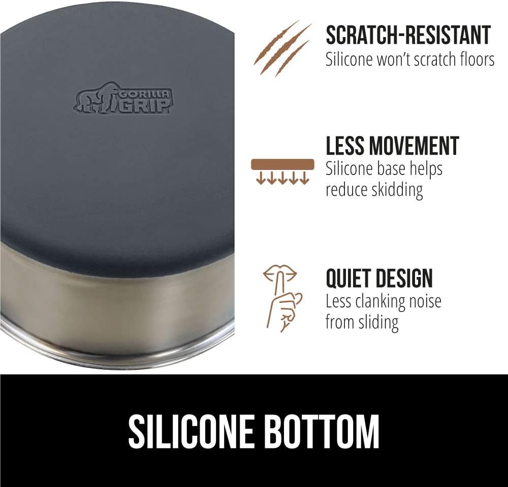 GORILLA GRIP Stainless Steel Metal Dog Bowl, Rubber Base, Heavy Duty Feeding Dish, Food Grade BPA Free, Less Sliding on Floors, Quiet Pet Bowl for Cats and Dogs, Holds 4 Cups (32 fl oz), Gray