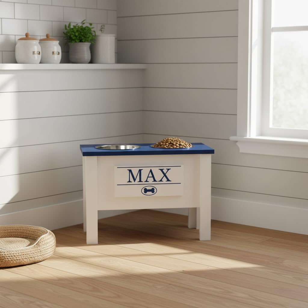 GrooveThis Woodshop - Personalized Elevated Dog Bowl Stand for Large, Medium, Small, X-Small Dogs - Stainless Steel Food and Water Bowls - Raised Dog Dish (X-Large, Blue)