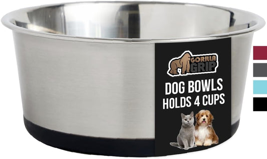 GORILLA GRIP Stainless Steel Metal Dog Bowl, Rubber Base, Heavy Duty Feeding Dish, Food Grade BPA Free, Less Sliding on Floors, Quiet Pet Bowl for Cats and Dogs, Holds 4 Cups (32 fl oz), Black