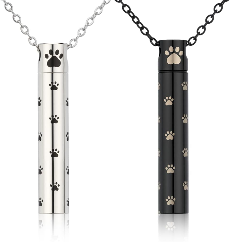 Dog Urn Necklaces for Ashes Paw Cylindrical Cremation Dog Paw Stainless Steel Pet Ashes Pendant for Puppy Pet Memorial Keepsake Jewelry 2PCS