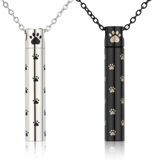 Dog Urn Necklaces for Ashes Paw Cylindrical Cremation Dog Paw Stainless Steel Pet Ashes Pendant for Puppy Pet Memorial Keepsake Jewelry 2PCS