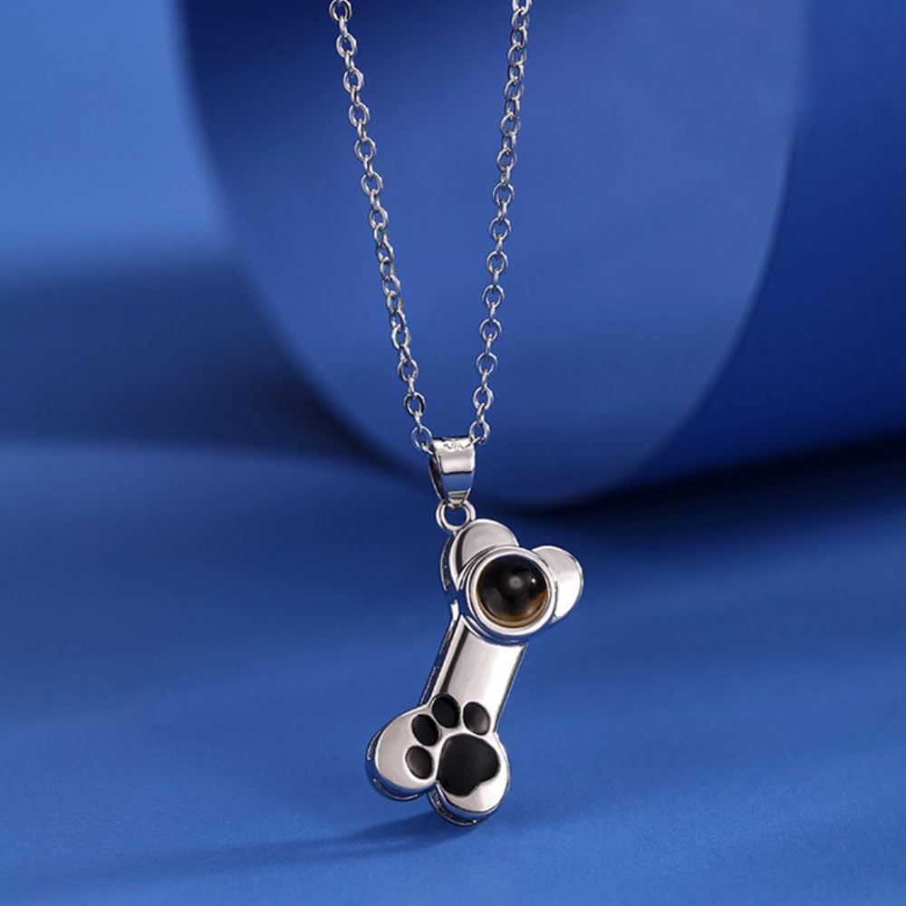 Personalized Photo Necklace Custom Photo Projection Necklaces Dog Bone with Paw Print Pendant Necklace with Picture Inside Pet Dog Cat Memorial Necklace for Pet Lover Women Men