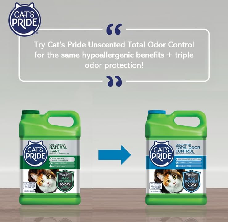 Cat's Pride Max Power: Natural Care - Up to 10 Days of Powerful Odor Control - 100% Natural Odor Elimination - Hypoallergenic - 99% Dust Free - Multi-Cat Clumping Litter, Unscented, 15 Pounds