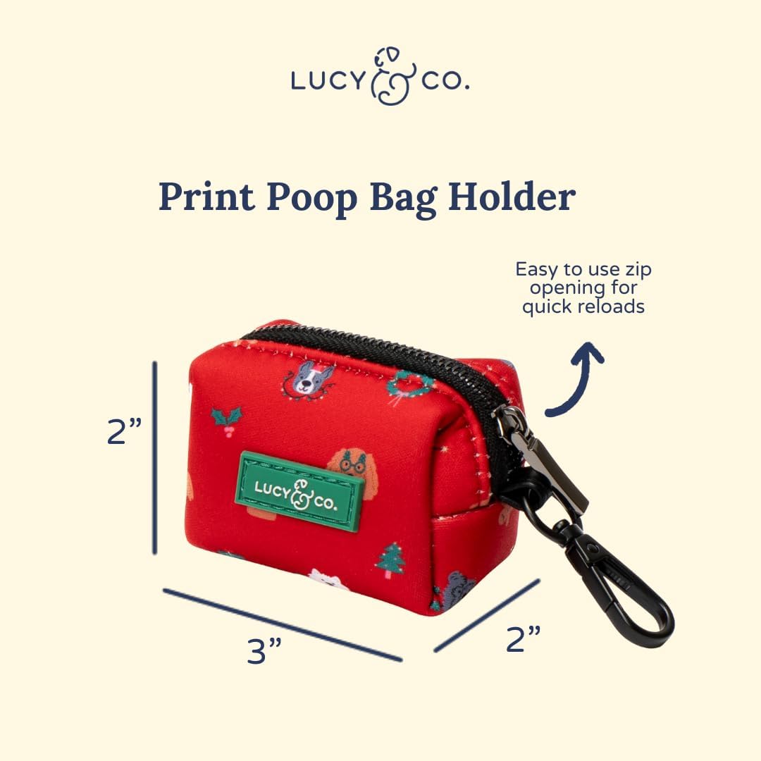 Lucy & Co. Dog Poop Bag Holder - Leak Proof Dispenser with Leash Attachment - Easy Refills - Hygienic Pet Poop Pickup - Happy Howlidays
