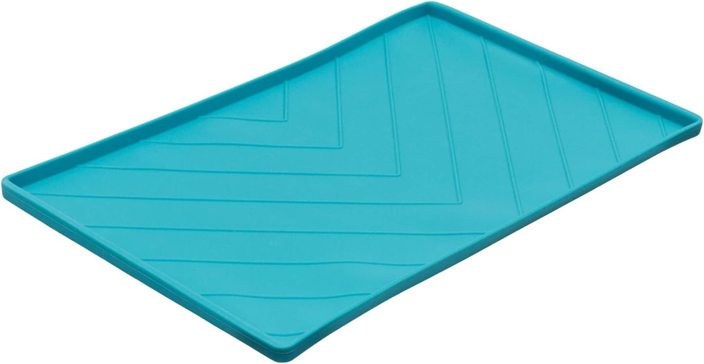 Messy Mutts Silicone Non-Slip Dog Bowl Mat with Raised Edge and Two Sides Reinforced with Metal Rods | Dog/Cat Bowl Mat with Spill-Proof Lip | Medium, 20” x 12” | Blue