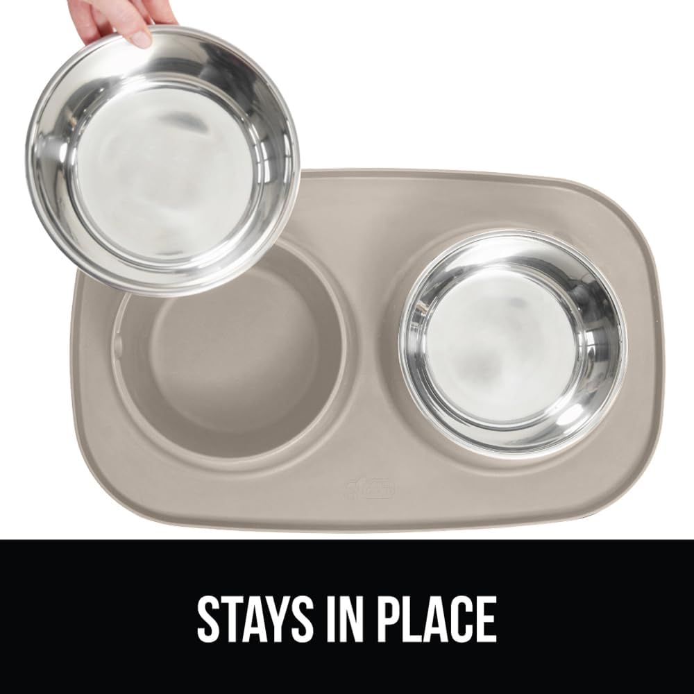 GORILLA GRIP Feeding Mat Set, Patent Pending 100% Waterproof BPA Free Silicone, Stainless Steel Cat and Dog Bowls, Slip Resistant, High Edges Catch Water Food, US Designed Pet Accessories, 2 Cup Beige
