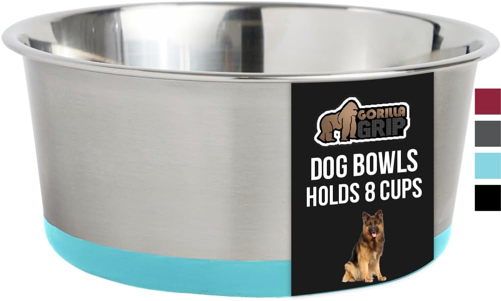 GORILLA GRIP Stainless Steel Metal Dog Bowl, Rubber Base, Heavy Duty Feeding Dish, Food Grade BPA Free, Less Sliding on Floors, Quiet Pet Bowl for Cats and Dogs, Holds 8 Cups (64 fl oz), Turquoise