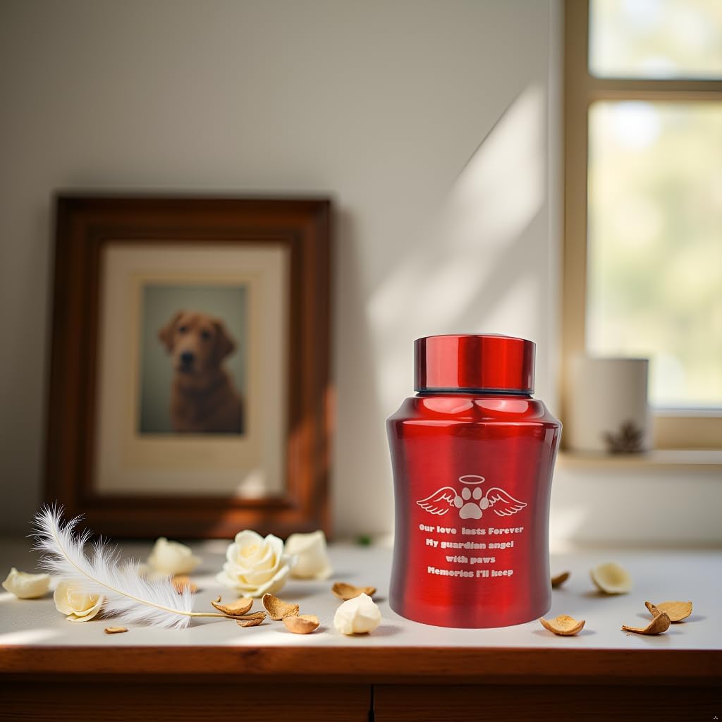 Medium Red Pet Cremation Urn – Aluminum Alloy Urn for Dog or Cat Ashes with Paw & Wings Design – Secure Screw Lid – Fits Pets up to 80 lbs – Memorial Ashes Container