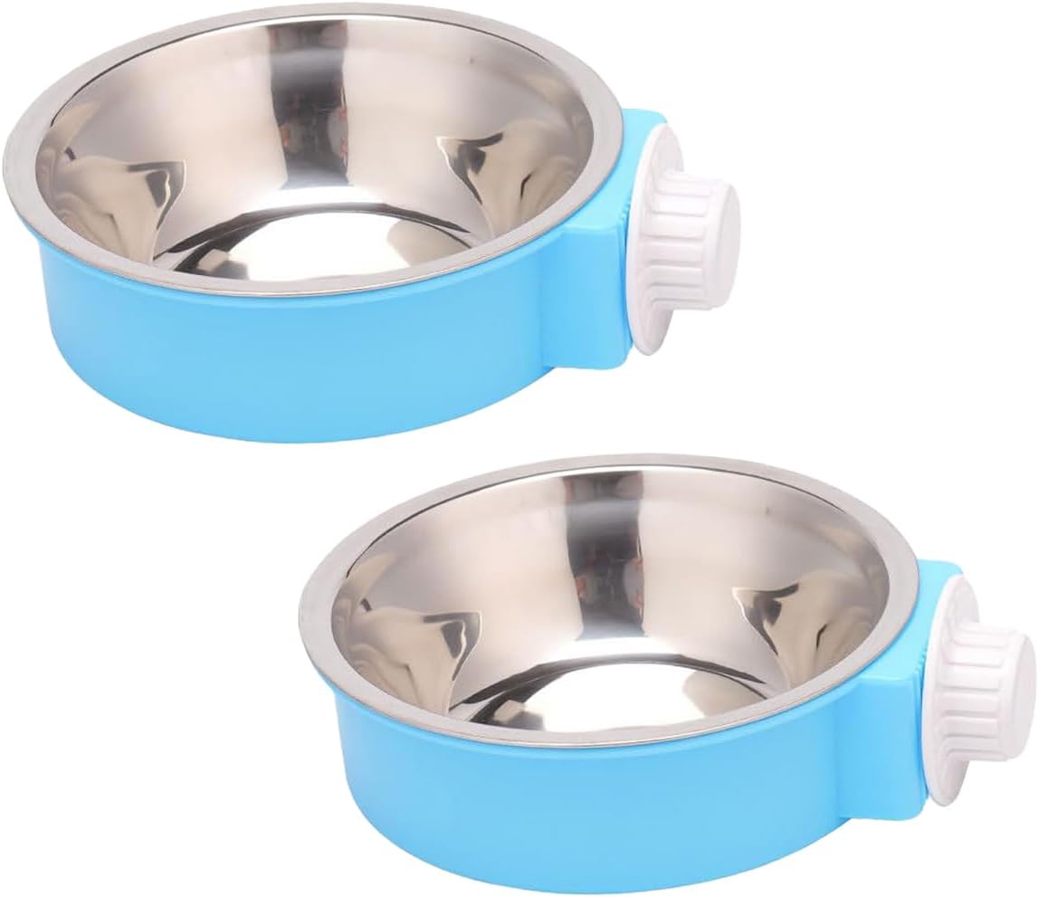2Pcs Pets Lightweight Stainless Steel Bowl,Removable Stainless Steel Pet Hanging Food Water Feeder Bowl Cage Coop Cup for Puppy Medium Dog Cat Rabbit Ferret Bird Gunea Pigs (Blue, S)