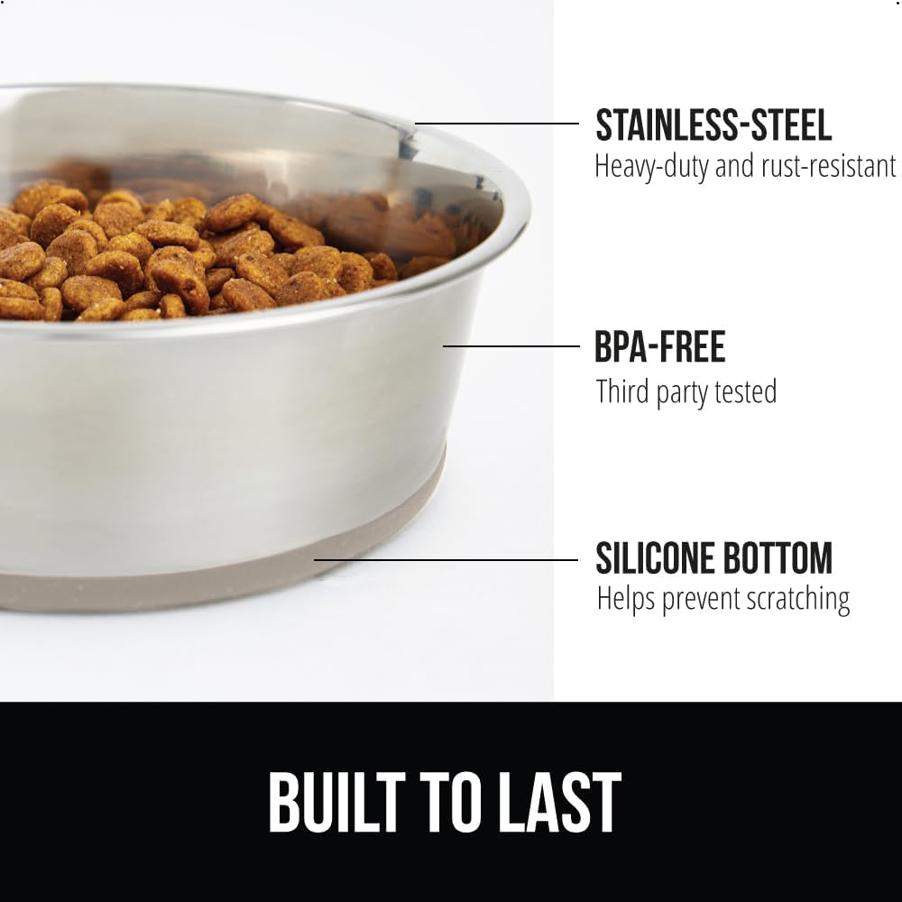 GORILLA GRIP Stainless Steel Metal Dog Bowl, Rubber Base, Heavy Duty Feeding Dish, Food Grade BPA Free, Less Sliding on Floors, Quiet Pet Bowl for Cats and Dogs, Holds 4 Cups (32 fl oz), Black