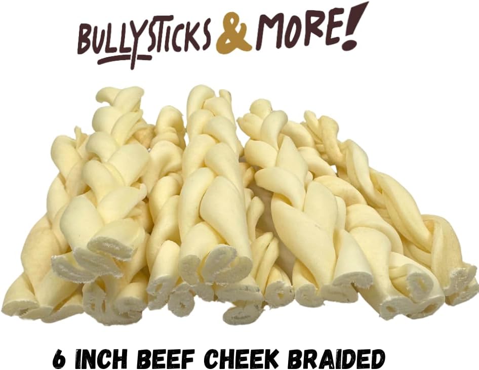 BULLYSTICKS & MORE Beef Cheek Braids for Dogs (6" Thick - 12 Count)- Bones for Dogs - Dog Parents Choice - Premium Beef Cheek Rolls