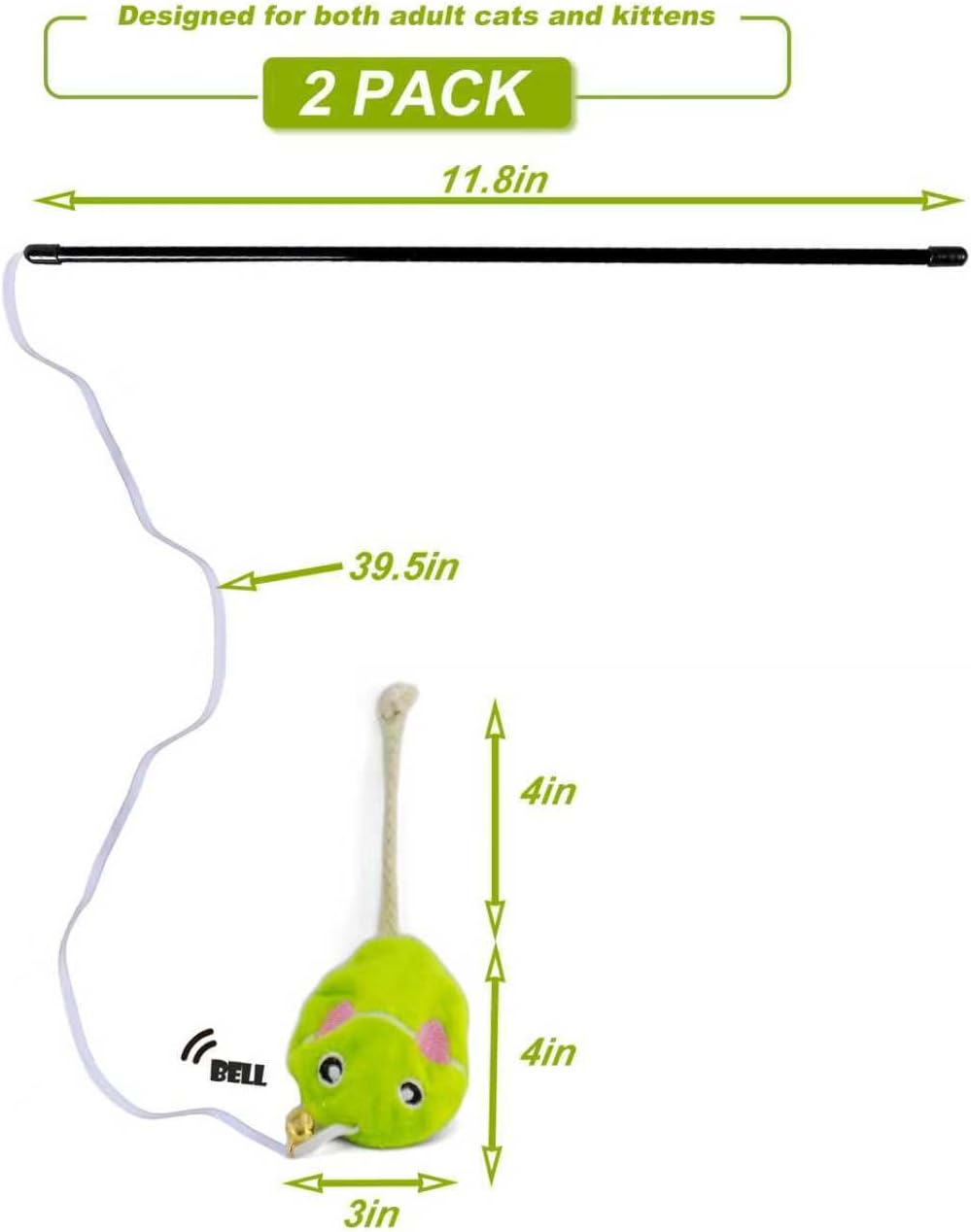 Interactive Cat Toy Wand with Catnip Mouse, Cat Teaser Wand Rainbow String for Bored Indoor Adult Cats and Kittens (2 Pack Mouse)