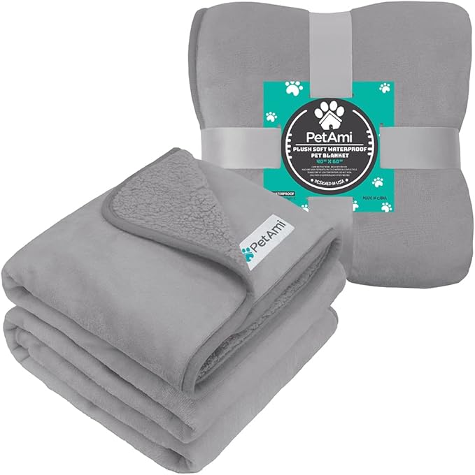 PetAmi Waterproof Dog & Cat Blanket, Pee Proof for Couch, Reversible, Soft Fleece, Washable, 40x60 Light Gray