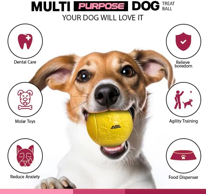 ASL Interactive Dog Treat Ball, 2-Pack Durable Chew Balls for Puppies and Dogs Enrichment Toys for Large Dogs & Small Dogs, Durable Balls for Teeth Cleaning/IQ Training/Chewing