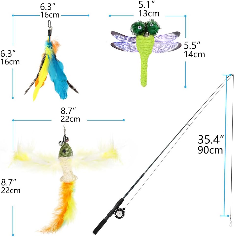 Pawaboo Cat Feather Toys, 4 Pack Interactive Cat Feather Teaser Wand Toys, Retractable Fishing Pole Wand Catcher Exerciser with Refill Fish, Dragonfly Worm with Bells, Fun Kitten Kitty Toy, Colorful