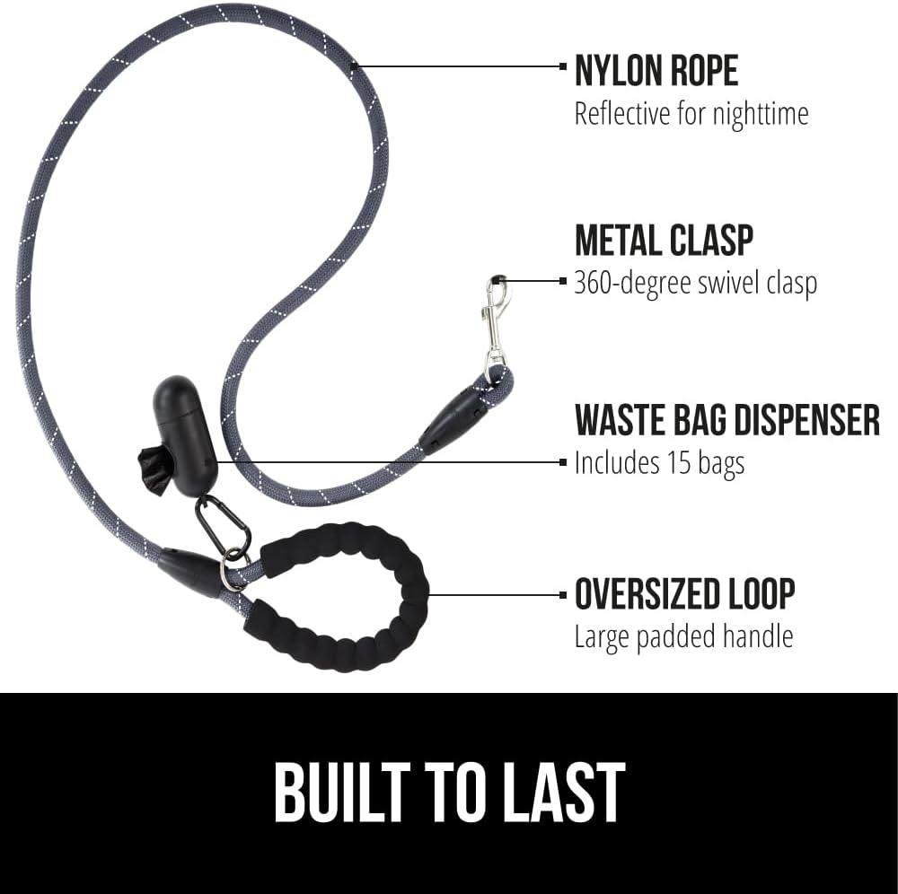 GORILLA GRIP Dog Leash, Heavy Duty Reflective Rope Leashes for Large, Medium, Small Breed Dogs, Puppy Training Essential for Walks, Hikes, Soft Handle, Rotating Metal Clip, Waste Bag Dispenser, Gray