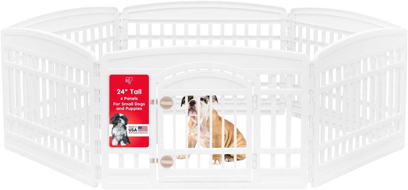 IRIS USA 24" 6-Panel Dog Playpen with Door, 61 x 61 x 24, Puppy Playpen, Dog Play Pen Indoors, Pet Fence, Puppies/Small Dogs, White