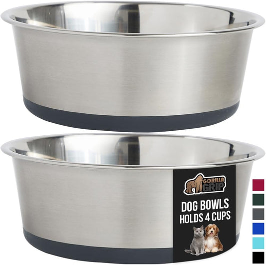 GORILLA GRIP Set of 2 Dog Bowls, Holds 4 Cups (32 fl oz), Heavy Duty Metal Food and Water Bowl for Feeding Dogs and Cats, Dishwasher Safe, Rust Resistant Stainless Steel, BPA Free Rubber Base, Gray