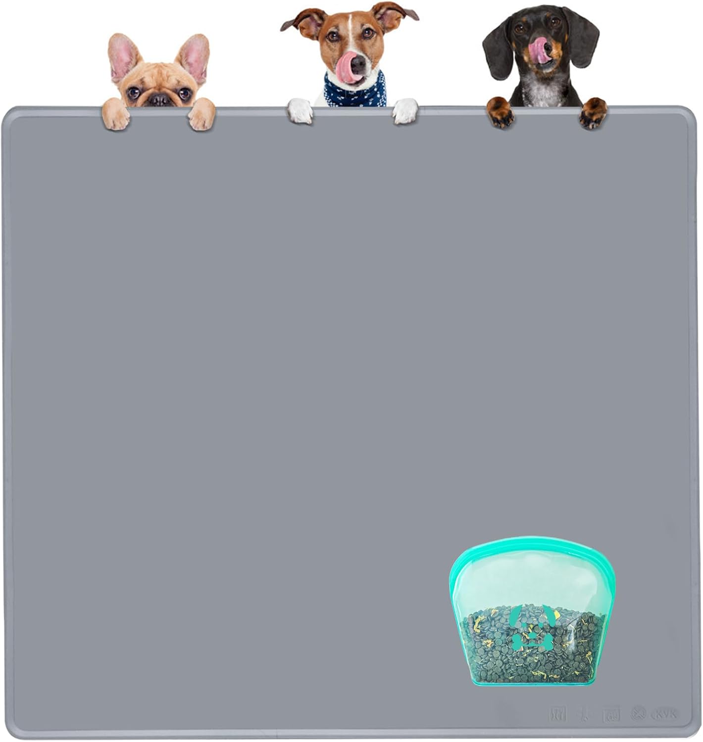 Extra Extra Large Silicone Dog Food Mat 39.4×43.3in and 128oz Silicone Bag Set, Super Size Waterproof Pet Feeding Mat & Container, Non-Slip, Chew-Resistant Floor Protection (Cool Grey&Teal)