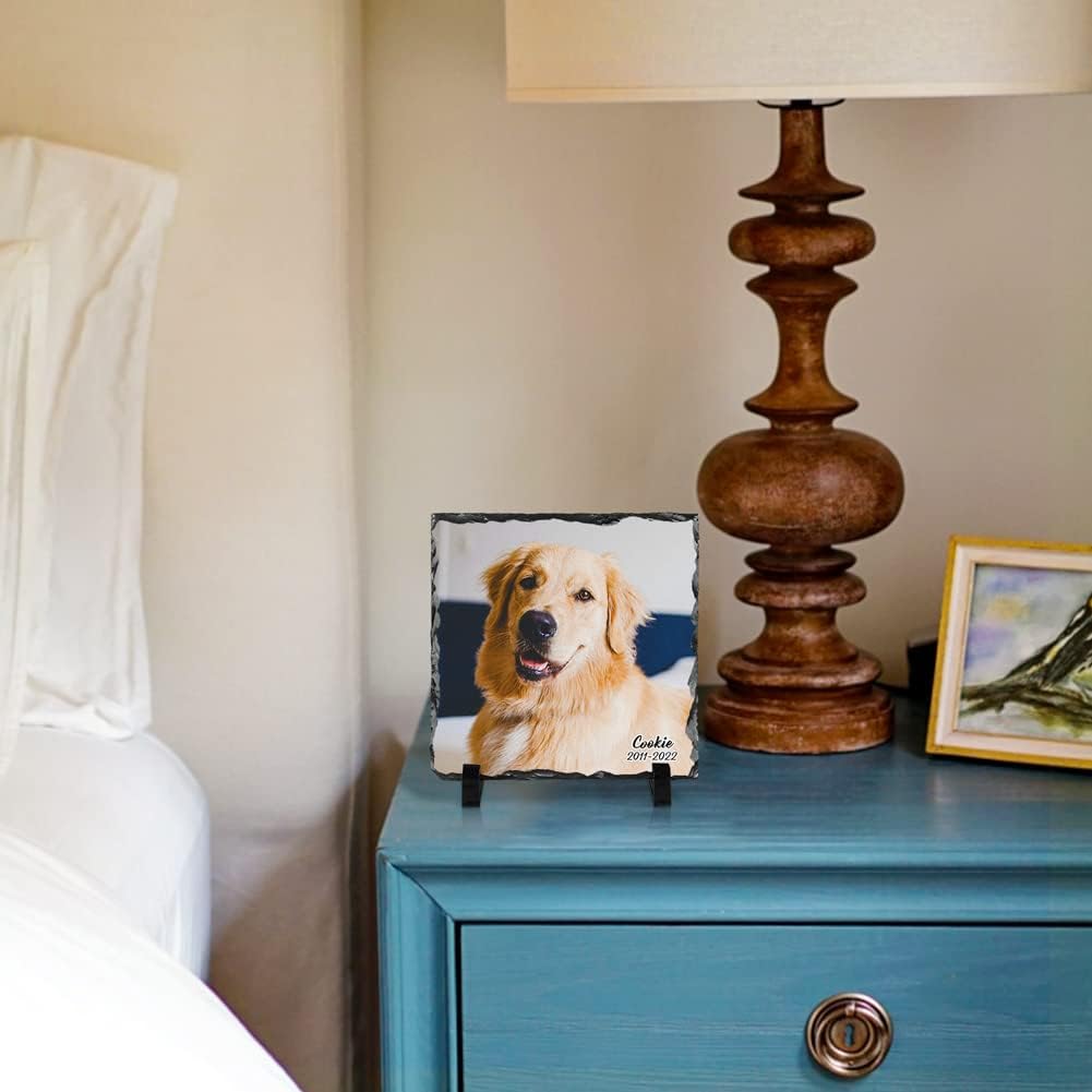 Bemaystar Personalized Rock Slate Photo Frame- Dog Photo Slate Stone Plaque, Customized Gifts for Pet Lovers, Personalized Square Shaped Picture Frame 7.9x7.9