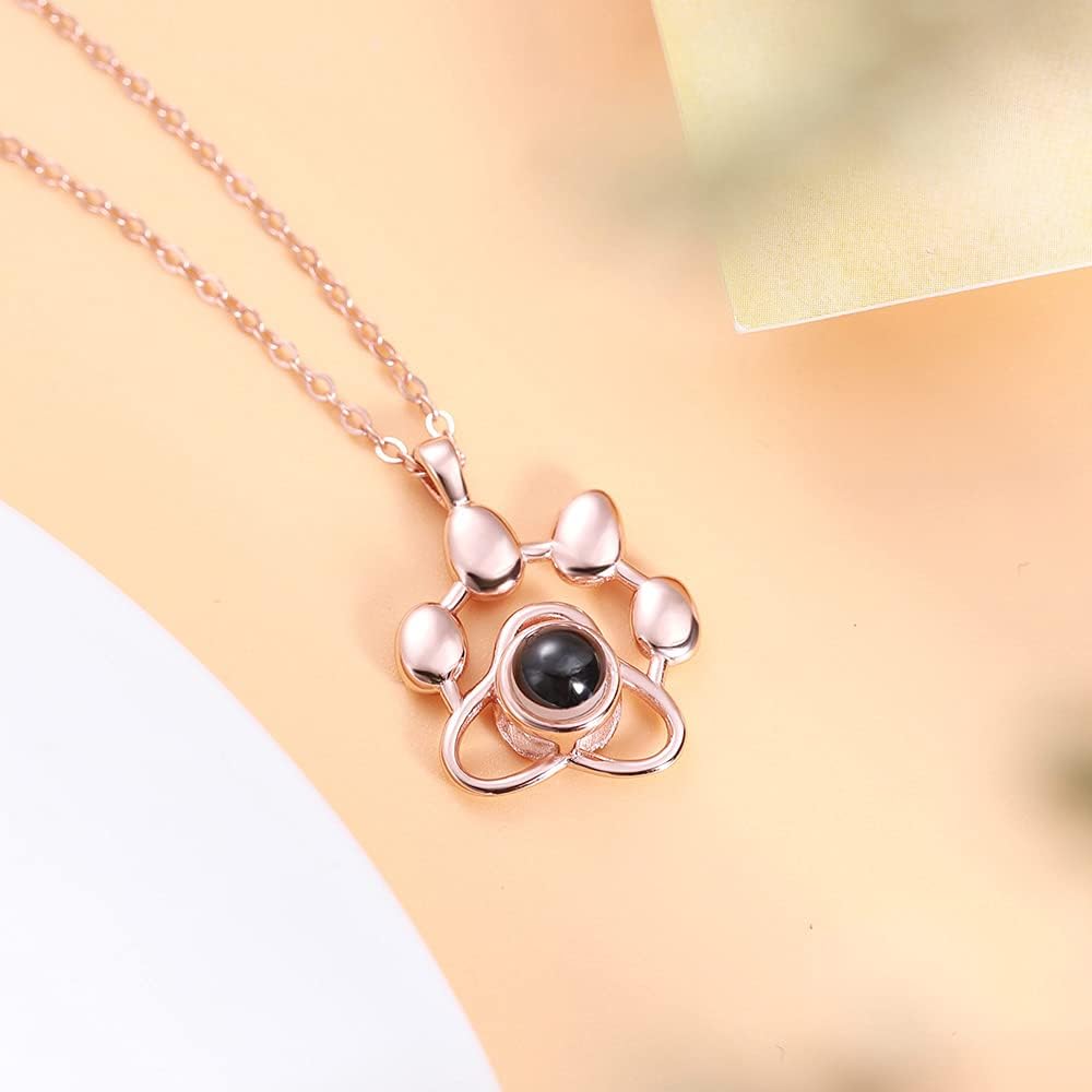 Custom Dog Paw Print Photo Projection Necklace 925 Sterling Silver Personalized Dog Photo Necklace Pet Picture Pendant Memorial Jewelry Loss of Pet Gifts for Women Someone Who Lost Dog